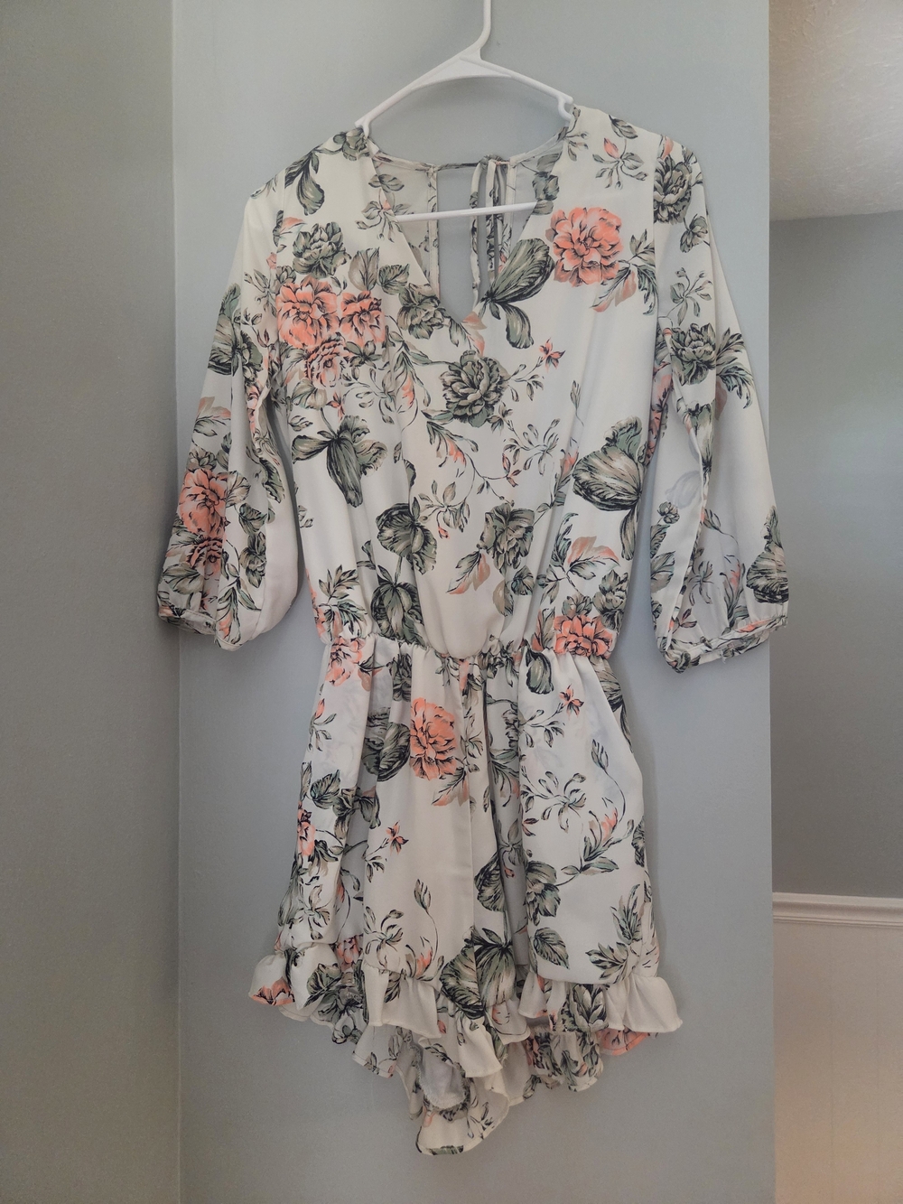 Ivory Floral Tie-Back Mini Dress with Coral Blooms